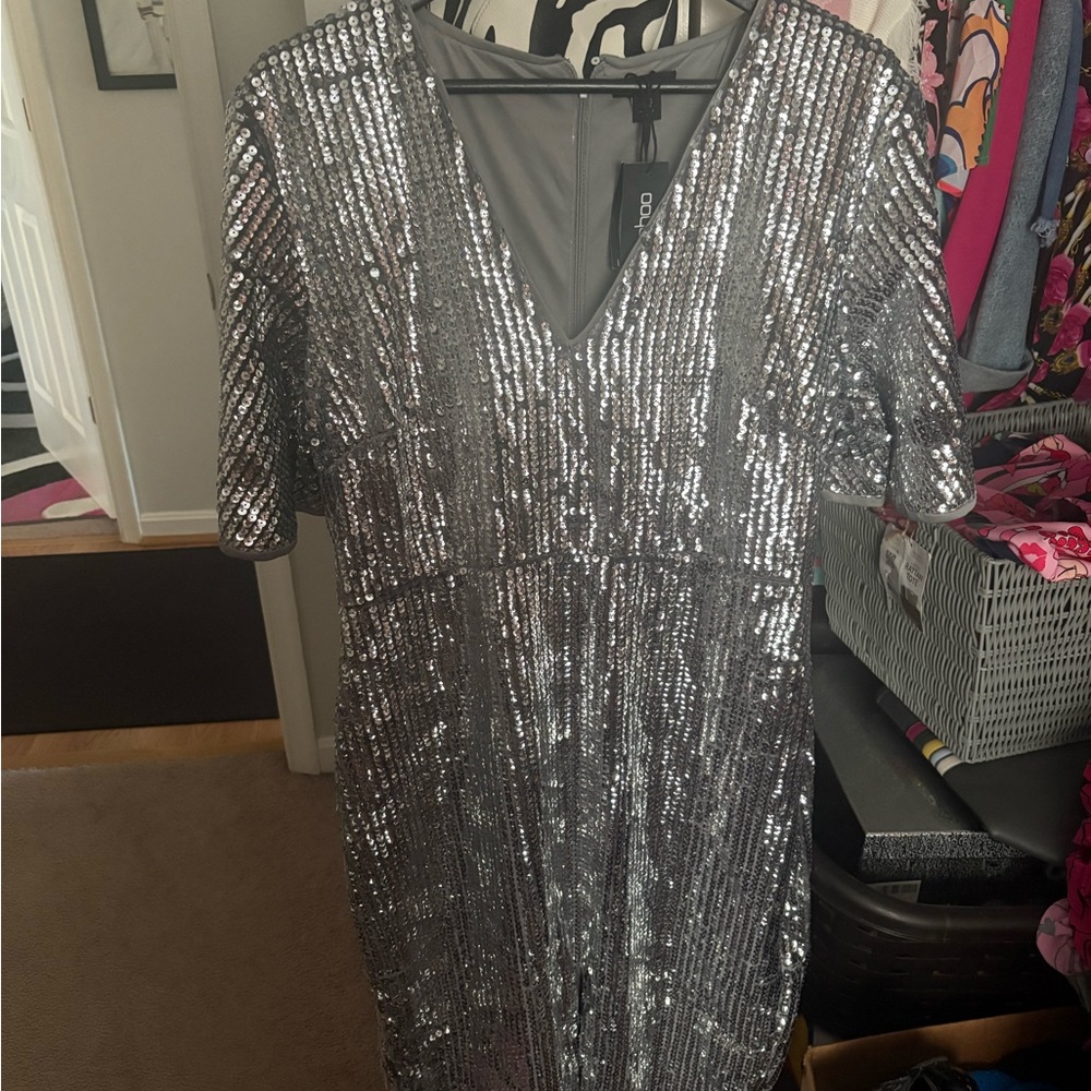 Silver Sequin V-Neck Dress